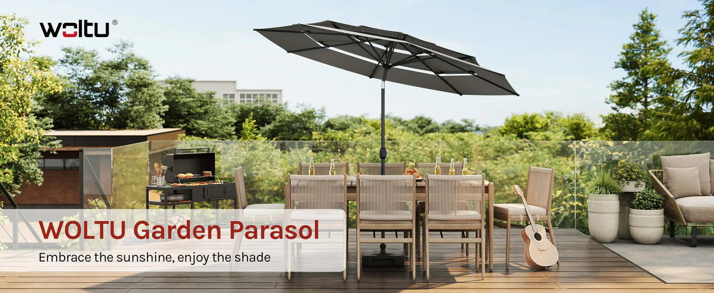Round Large Garden Parasol 292cm Tilt Adjustable Beach Parasol UV Protection with 3 Ventilation Parasol for Balcony Garden
