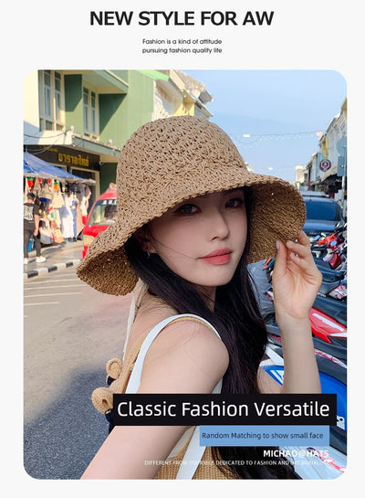 Straw Hat Female Summer New French Woven Bows Sun-Proof Bucket Hat Fresh Beach Trip Vacation Sun Hat