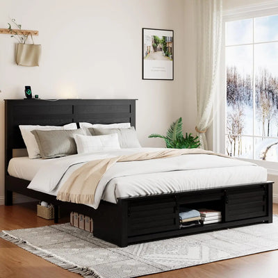 Wooden Queen Size Bed Frame with Headboard, Boho White Farmhouse Storage Bedframe with Sliding Barn Door Footboard and Charging