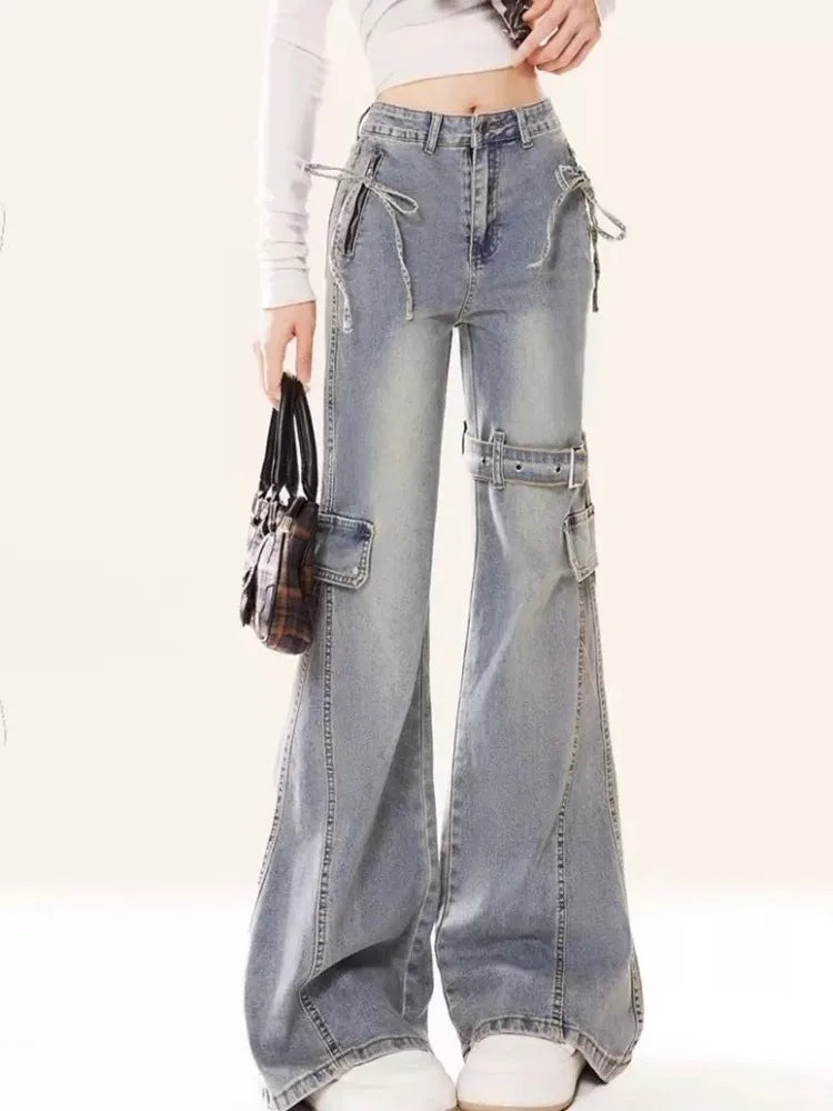 Y2K Patchwork Cargo Jeans Women High Waist Flared Denim Pants Buckle Strap Lace-Up Design Streetwear Retro Bell Bottom Trousers