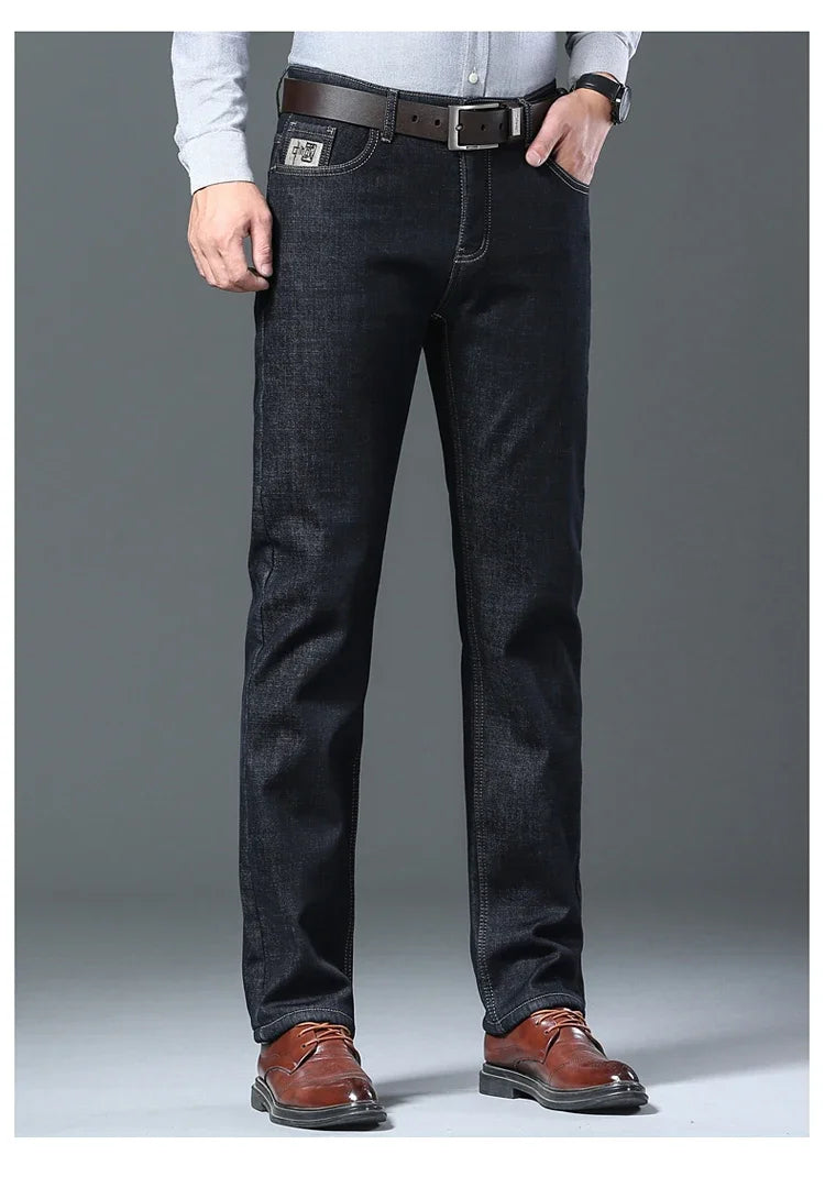 Men's Wool Velvet Jeans Winter Fleece Thickened Business Casual Straight Denim Pants Soft Cozy Thermal Stretch Trousers Male