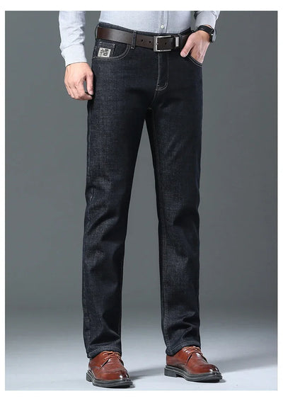 Men's Wool Velvet Jeans Winter Fleece Thickened Business Casual Straight Denim Pants Soft Cozy Thermal Stretch Trousers Male