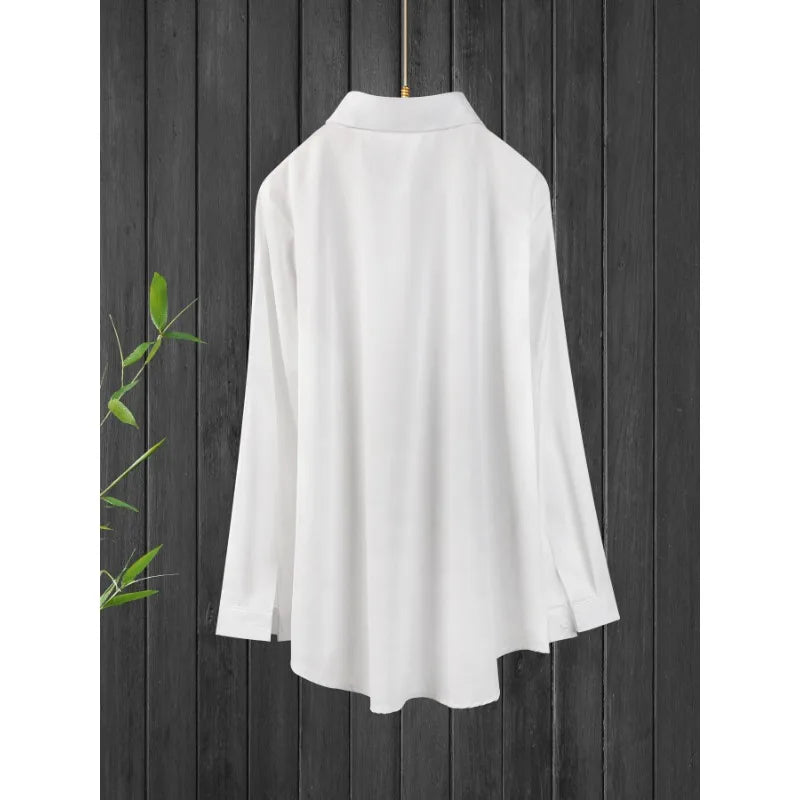 Women's Large Size Shirts White Top Lapel Spring and Summer Thin Travel Essential Single-breasted