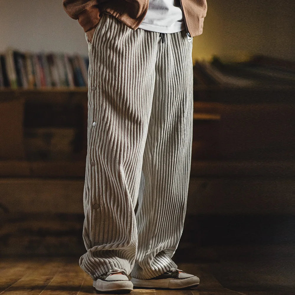 Maden Retro Fall Corduroy Snap-up Sweatpants Loose Elastic Waist Sports Casual Straight-leg Pants for Men's Winter Warm Trousers