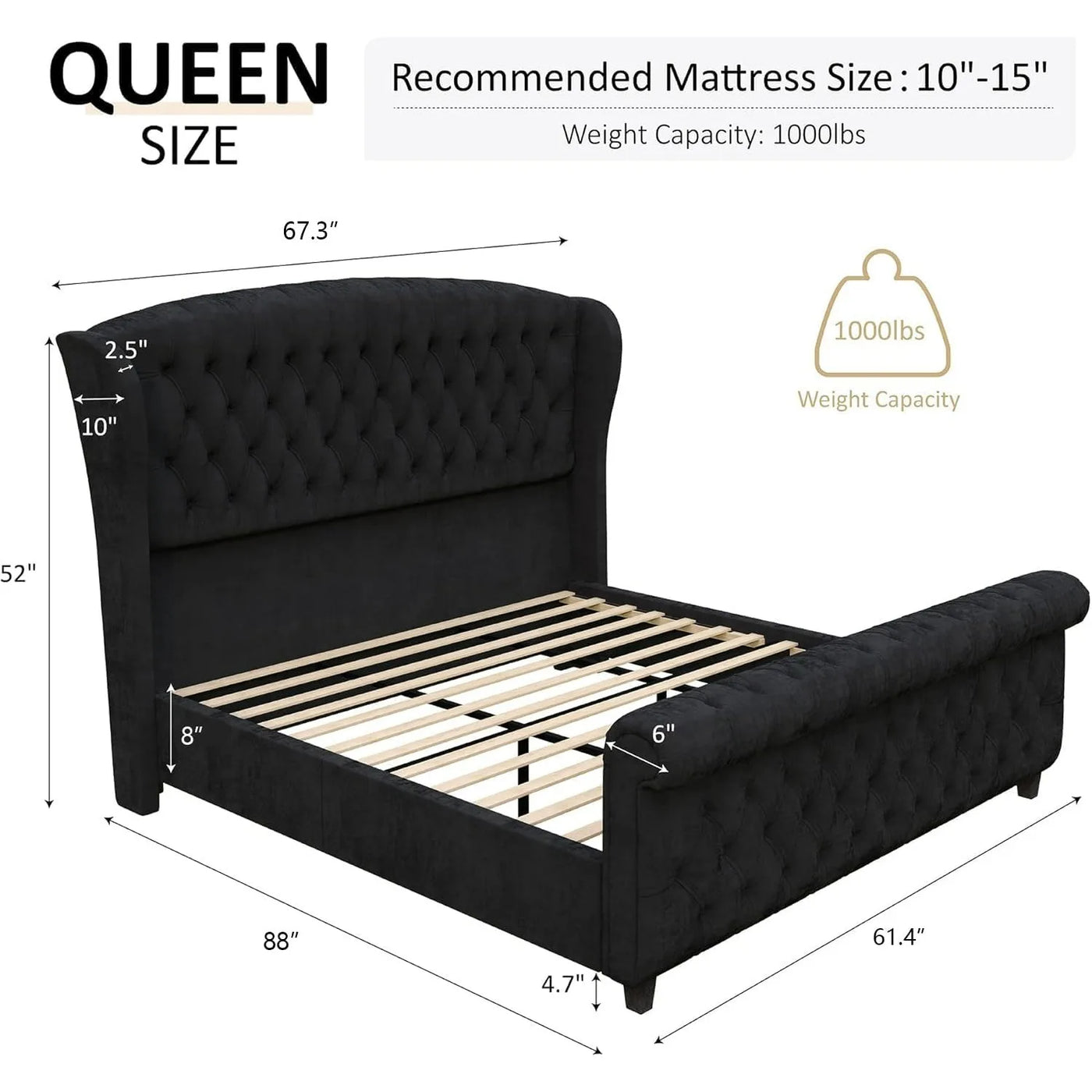 Queen Size Platform Bed Frame, Velvet Upholstered Sleigh Bed with Scroll Wingback Headboard Footboard/Button TuftedBlack
