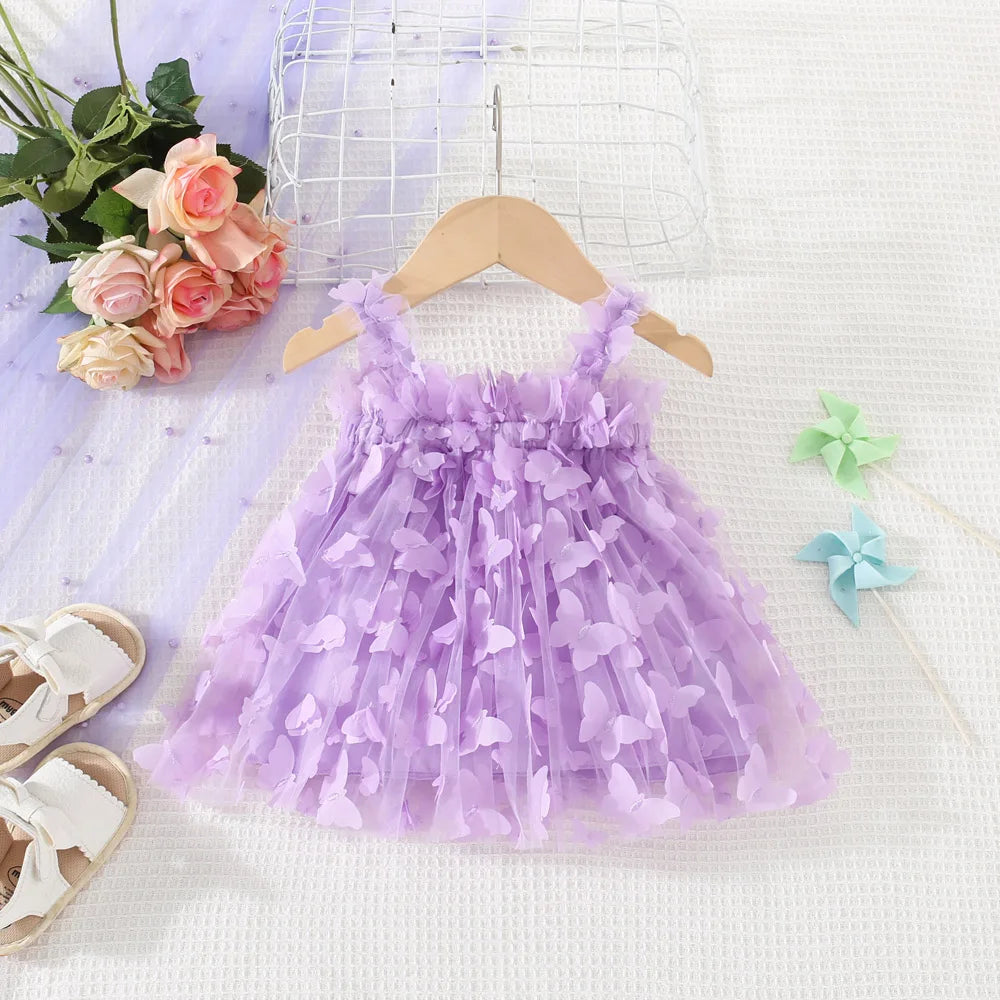 (0-3 Years) Summer New Baby Girls Dress Solid Color Halter Butterfly Embellished A-Line Skirt Mesh Sweet Princess Dress