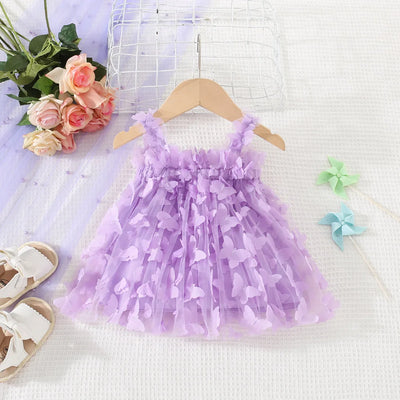 (0-3 Years) Summer New Baby Girls Dress Solid Color Halter Butterfly Embellished A-Line Skirt Mesh Sweet Princess Dress