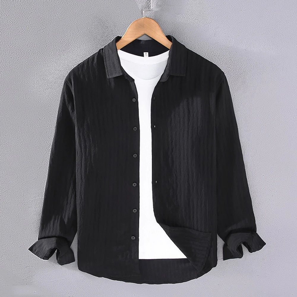 Breathable Long Sleeved Men's Shirts lapel Collar Single Breasted Solid Color Bussiness Casual Versatile Tops for Early Autumn