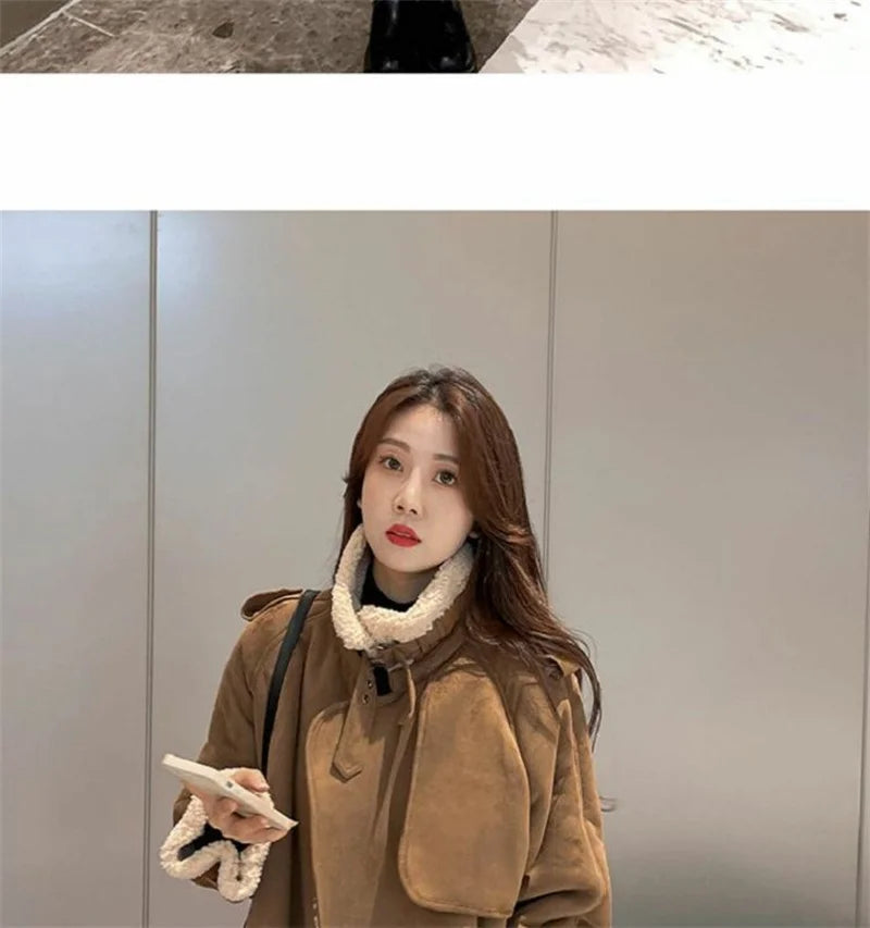2024 Autumn Winter New Medium Long Double-breasted Lambswool Suede Woolen Coat Women Add Velvet Padded Warm Fur One Woolen Coats