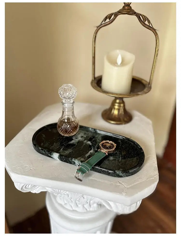 Luxury Green Marble Oval Tray: Bathroom Organizer & Fruit Serving Platter, Waterproof Stone Decor for Hotel Spa Home Kitchen