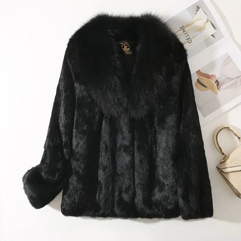 Real Rabbit Fur Coat Women Autumn Winter Short Jacket Thick Warm New Fashion Fox Fur Collar Elegant Female Warm Outerwear