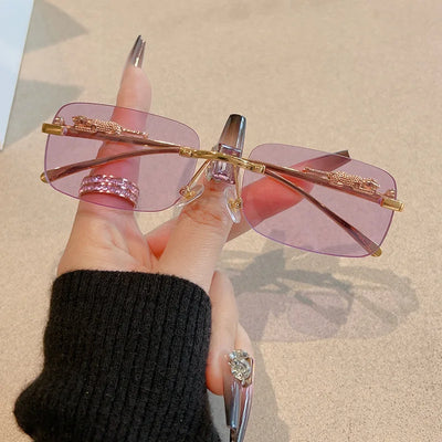 12pcs Brand Leopard Rimless Rectangle Sunglasses Fashion Y2K Frameless Sun Glasses Shades for Women Men UV400