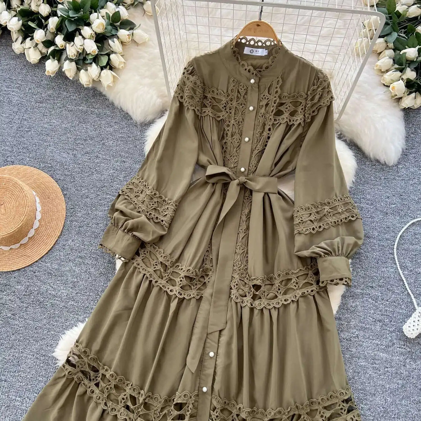 Elegant Long Maxi Hollow Out Dress Shirt Women Summer Autumn Palace Retro Pearl Button Embroidery Crochet Evening Party Vestidos