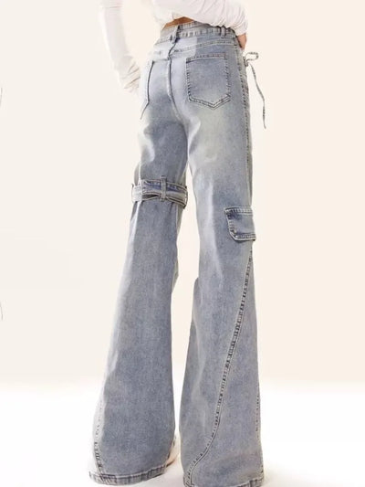 Y2K Patchwork Cargo Jeans Women High Waist Flared Denim Pants Buckle Strap Lace-Up Design Streetwear Retro Bell Bottom Trousers
