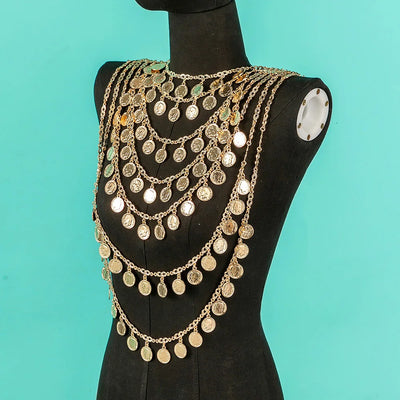 Algerian Wedding Bride Gold Color Necklace Handmade Multi-layer Human Head Chest Chain Coin Necklace Caftan Body Chain Jewelry