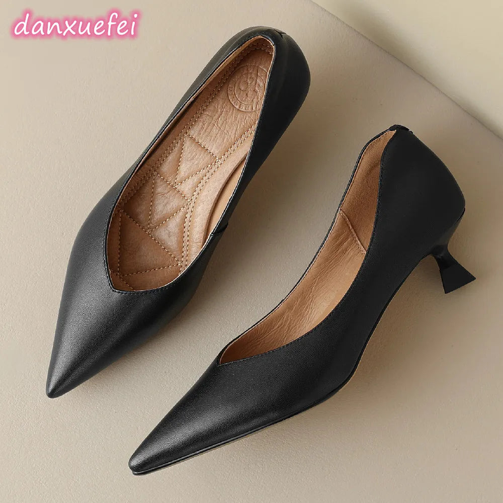 plus size 34-42 women's genuine leather 4.5cm kitten heel pointed toe slip-on pumps elegant ladies low heeled shoes