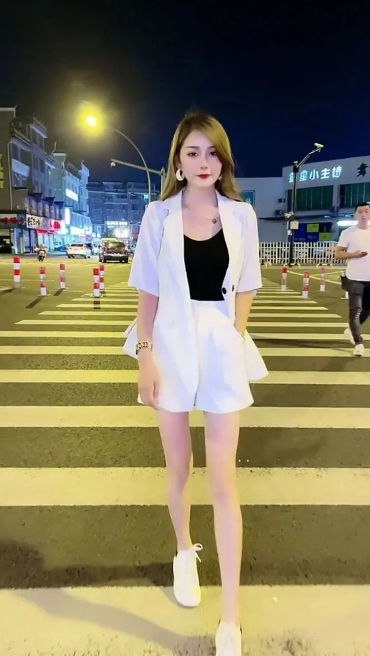 Women's 2025 New Summer High-end Fashion Outfits And Suit Collar Short Sleeve Solid Coat Pop Shorts Two Piece Set Women Clothing