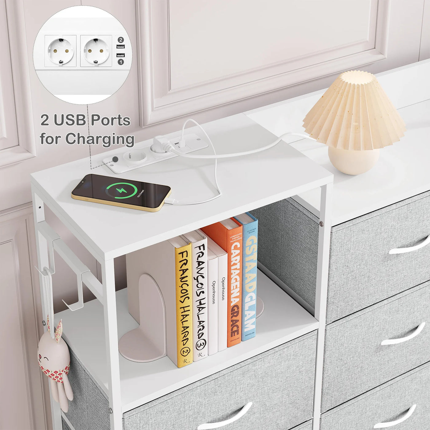 Chest of Drawers with 8 Fabric Drawer Sideboard Storage Cabinet for Kitchen Office with Charging Sockets Steel Frame 132x88x30cm
