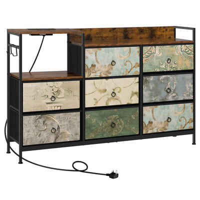 Chest of Drawers with 8 Fabric Drawer Sideboard Storage Cabinet for Kitchen Office with Charging Sockets Steel Frame 132x88x30cm