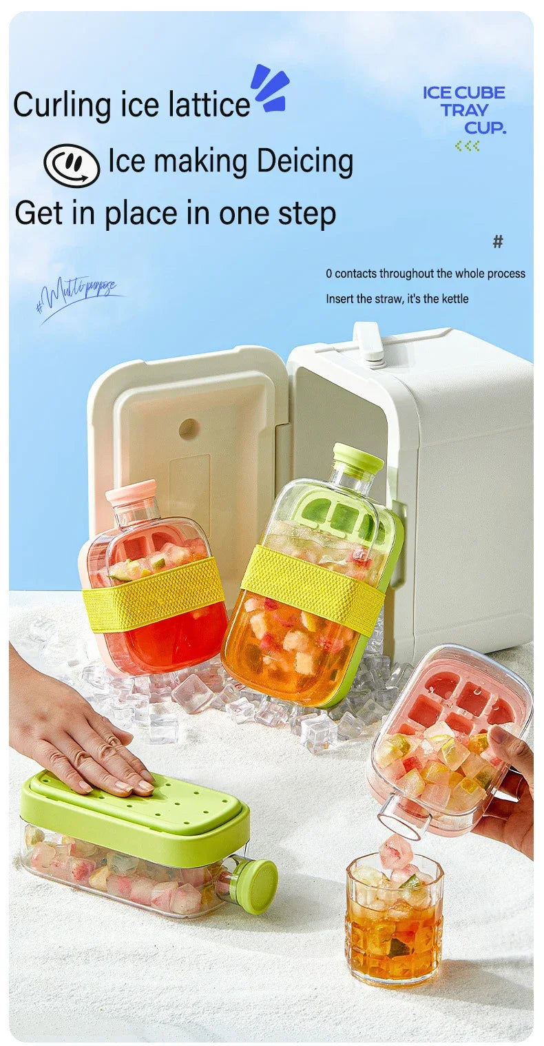 12 Grids Pressing Ice Cube Tray Block Mold 500ML Water Bottle With Straw Ice Making Mold Kitchen Tool Household Sealed Ice Maker