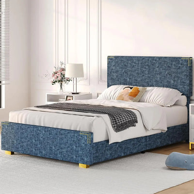 Bed Frames, Denim Texture Upholstered Bed Frame Full with Rivet Decorate Headboard and Headboard, Gold-Colored
