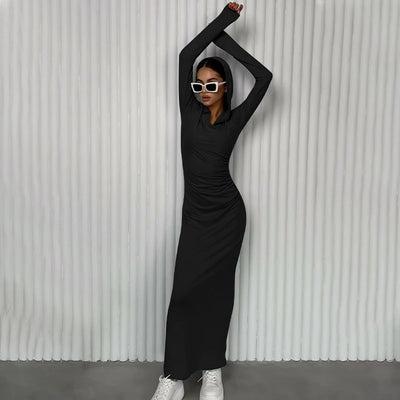 Hugcitar Solid Hoodies V Neck Long Sleeve Draped Sexy Slim Maxi Dress 2023 Winter Women Fashion Y2K Outfits Streetwear Party