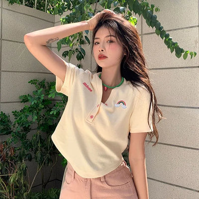 Women's Slim Short-sleeved T-shirt Sexy Pure Desire Wind Spice Girls V-neck Tops Cotton Summer Slim Chic Short Comfortable Top