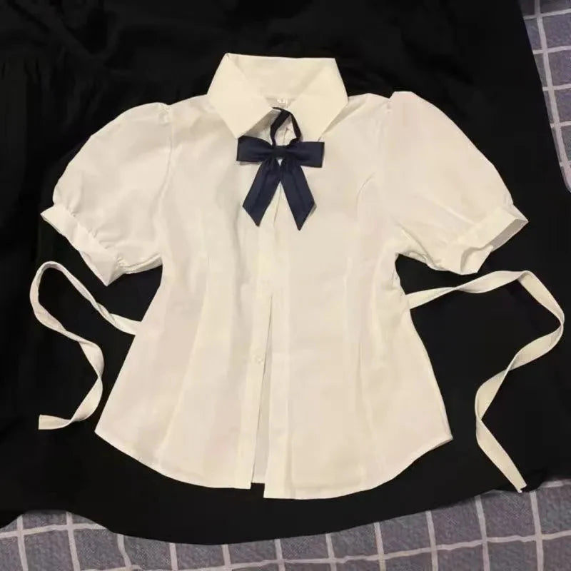 White Sweet Shirt Women Korean Fashion Preppy Style Jk Bandage Short Sleeve Shirt Ladies Summer Y2K Slim Elegant Bow Tops New