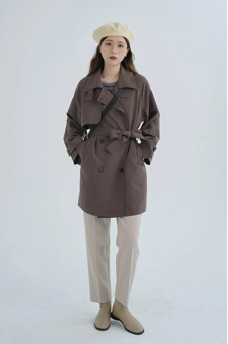 Women Spring Fall Short Trench Coat Korean Style Loose Fit Casual Khaki Jacket Petite-Friendly Versatile and Stylish Outerwear