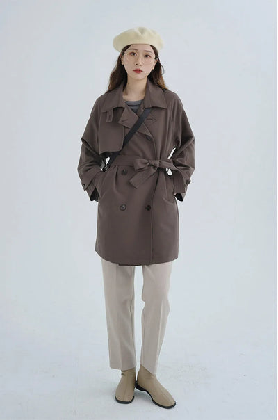 Women Spring Fall Short Trench Coat Korean Style Loose Fit Casual Khaki Jacket Petite-Friendly Versatile and Stylish Outerwear
