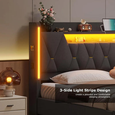 King Size Bed Frame with Marshmallow Headboard and Storage, Metal King Bed with LED Lights & Charging Station, Upholstered Platf