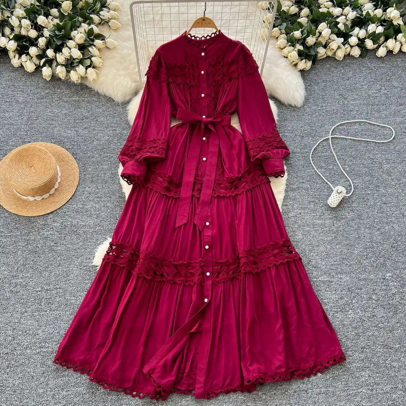 Elegant Long Maxi Hollow Out Dress Shirt Women Summer Autumn Palace Retro Pearl Button Embroidery Crochet Evening Party Vestidos