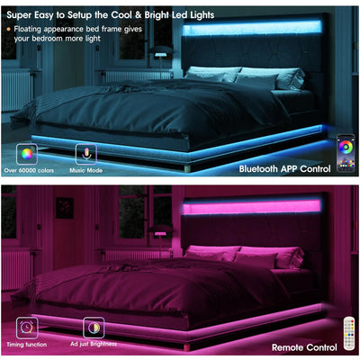 Vabches Lift Up Bed Frame with Storage Headboard&Power Outlet, LED Lights Upholstered Platform Bed Frame for Bedroom Noise-Free