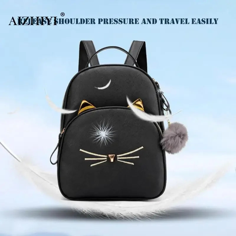 Travel Backpack Women Rucksack Teenagers 2023 Student School Bags for Girls Cartoon Cat PU Leather Satchel Black Shoulder Bag