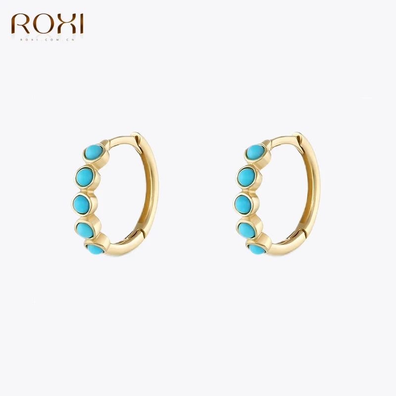 ROXI Natural Turquoise Stone Hoop Earrings For Women Small Circle Body Piercing Girl 925 Sterling Silver Stud Earring Jewelry