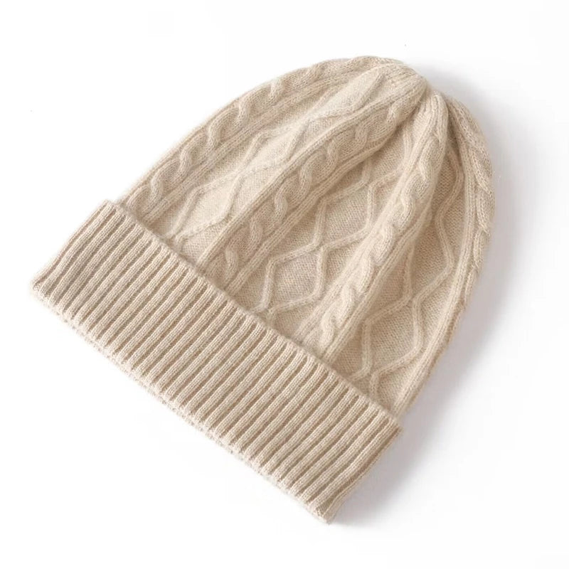 100%Pure Cashmere Women's Winter Hat 2023 Warm Wool Soft Beanie Bonnet y2k Rhombus Luxury Beanies For Lady Knitted Skullies Cap