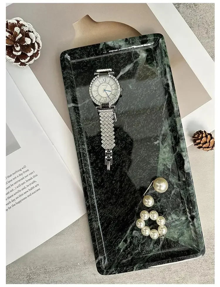 Luxury Green Marble Oval Tray: Bathroom Organizer & Fruit Serving Platter, Waterproof Stone Decor for Hotel Spa Home Kitchen
