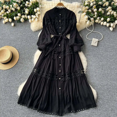Elegant Long Maxi Hollow Out Dress Shirt Women Summer Autumn Palace Retro Pearl Button Embroidery Crochet Evening Party Vestidos