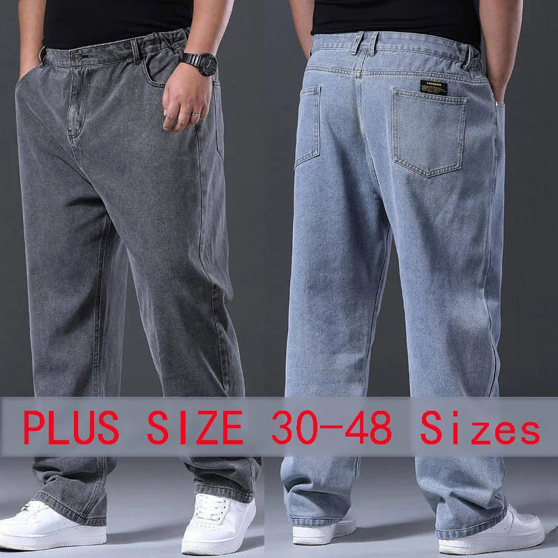 Men's Plus Size Jeans Elastic Waistband 30-48inch Stretch Denim Pants Straight Leg Breathable Loose Fit Streetwear Casual Wear