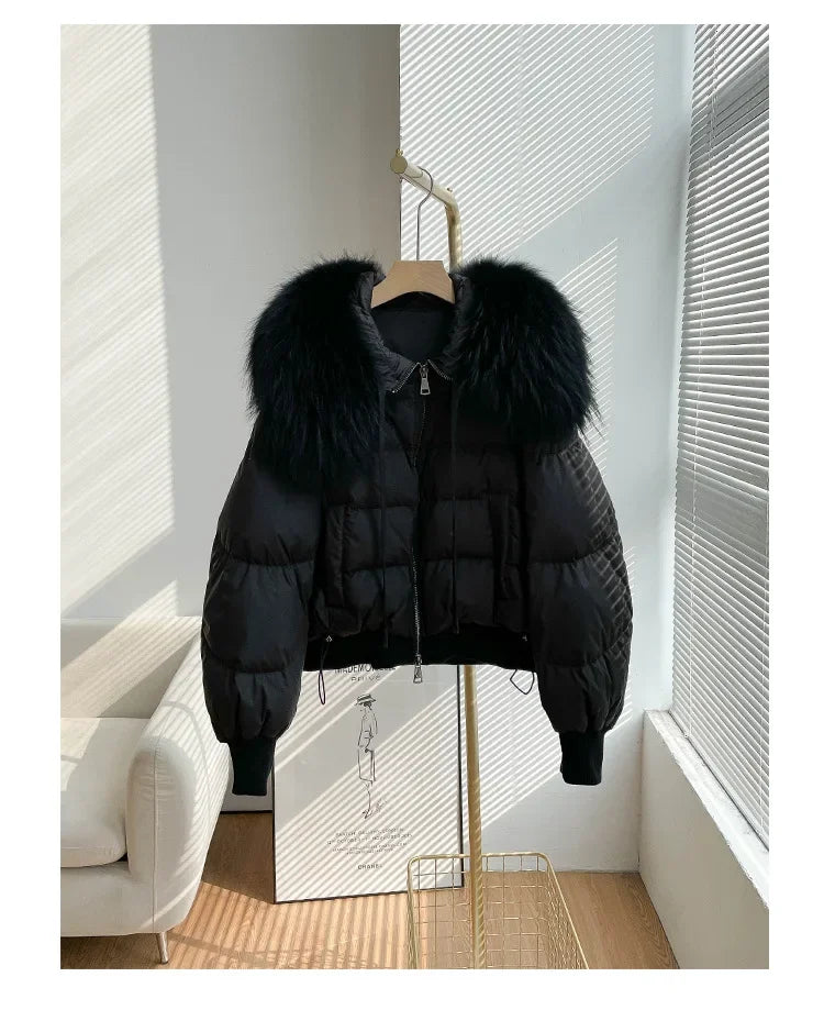 Fashionable Women's Winter Down Jacket Cropped Fox Fur Collar High End 90% White Duck Feather Coat Thick Long Sleeves