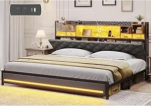 King Size Bed Frame with Marshmallow Headboard and Storage, Metal King Bed with LED Lights & Charging Station, Upholstered Platf
