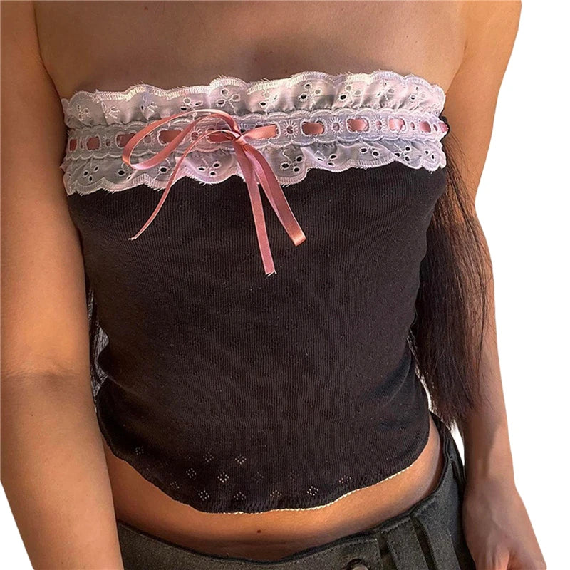 Xingqing y2k Off Shoulder Top Women Fairy Grunge Clothes Summer Sleeveless Lace Trim Patchwork Strapless Tshirt 2000s Streetwear