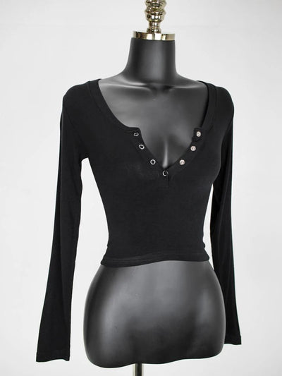 Button V-Neck Sexy Crop Top female long Sleeve Sashion Solid Color lady Tees Comfy Summer Basic Chic Thin T shirt See Through