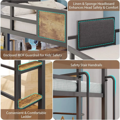 Loft Bed with L-Shaped Desk Full Size,Full Size Bed Frame with 5 Storage Drawers, Bunk Bed with Desk,1 Bedside Organizer