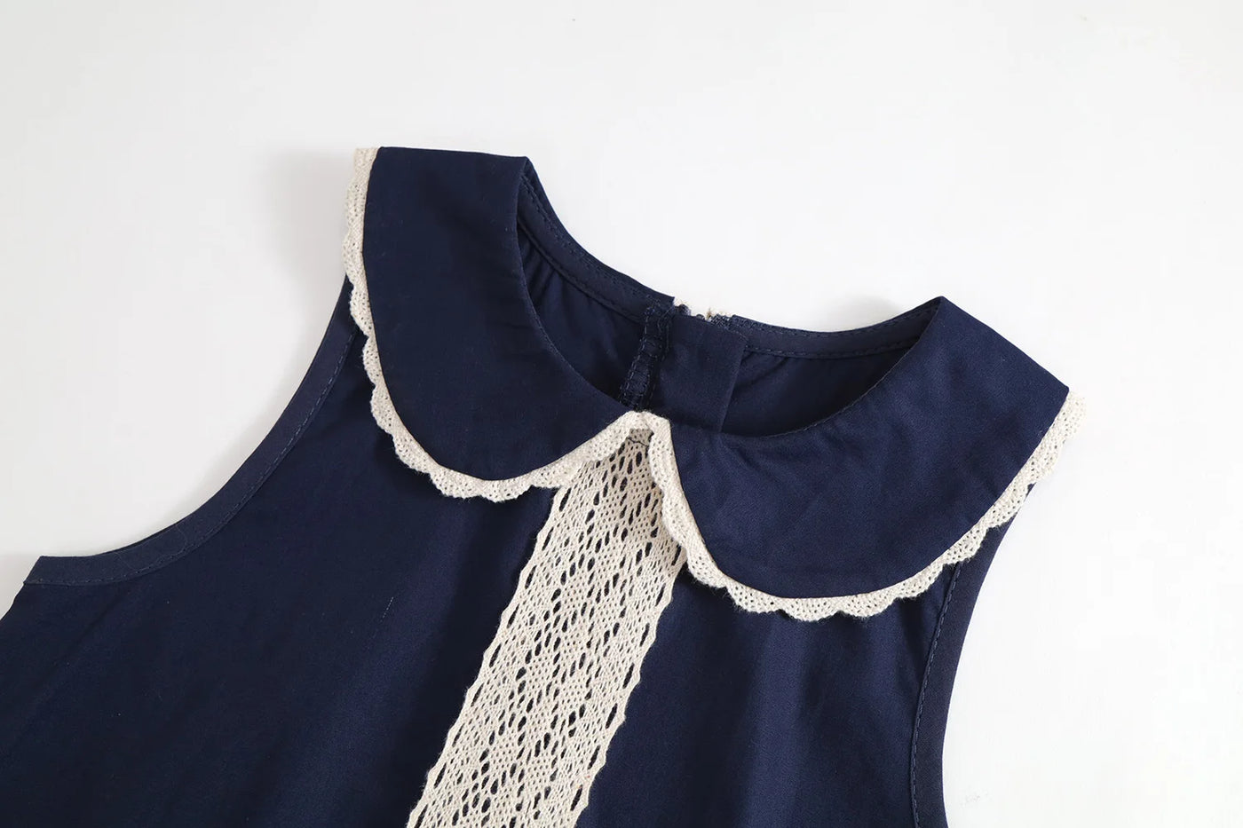 2025 Summer Toddler Girl Dress Cotton Turn Down Collar Kid Baby Girl Sling Dress Retro Loose Lace Patchwork Little Girl Sundress