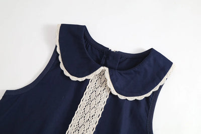2025 Summer Toddler Girl Dress Cotton Turn Down Collar Kid Baby Girl Sling Dress Retro Loose Lace Patchwork Little Girl Sundress