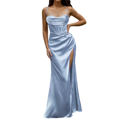 Green Women's Dress Lace Up Backless High Slit Corset Maxi Dress Elegant Vestidos Slim Fishbone Formal Dresses For Wedding Guest