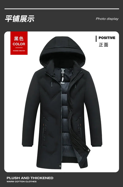 Fashion Men Long Parkas Coat Solid Slim Fit Warm Thicken Jacket Outwear Windproof Coat Hooded Cotton-padded Zipper Windbreaker