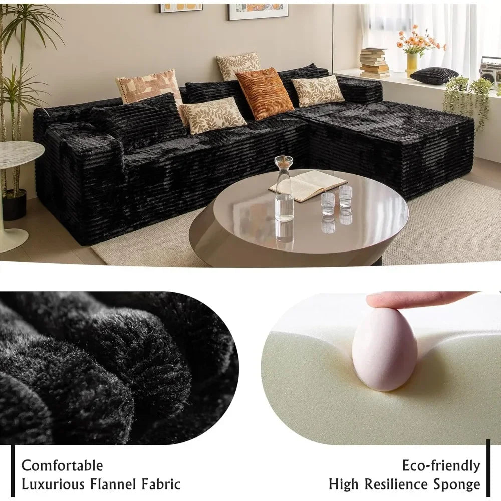104" Black Corduroy L-Shaped Sectional | Cloud Sofa • Deep Seat • No Assembly | Modern Modular Living Room