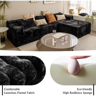 104" Black Corduroy L-Shaped Sectional | Cloud Sofa • Deep Seat • No Assembly | Modern Modular Living Room